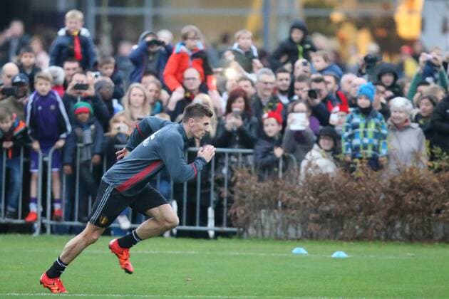 - BRUSSELS, BELGIUM: Belgium s Thomas Meunier pictured during a training session of the Red Devils, the Belgian national soccer team, Sunday 15 November 2015, in Brussels. Next Tuesday the team plays against Spain in preparation of Euro2016. BRUNOxFAHY  x04740920x