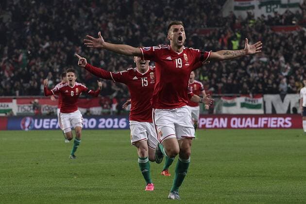 SOCCER - UEFA EURO EM Europameisterschaft Fussball 2016 quali, HUN vs NOR BUDAPEST,HUNGARY,15.NOV.15 - UEFA European Championship EM Europameisterschaft 2016, European Qualifiers, Play Offs, Ungarn vs Norwegen. Image shows the rejoicing of Tamas Priskin (HUN). GEPAxpictures xCsabaxDoemoetoer