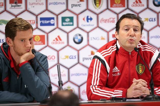 - BRUSSELS, BELGIUM: Belgium s Jan Vertonghen and Belgium s head coach Marc Wilmots pictured during a press conference PK Pressekonferenz of the Red Devils, the Belgian national soccer team, Monday 16 November 2015, in Brussels. Tomorrow the Devils are playing Spain in preparation of the Euro2016 European Championships. BRUNOxFAHY  x04741236x