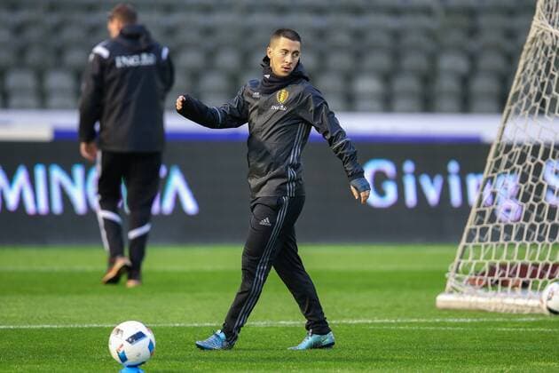 - BRUSSELS, BELGIUM: Belgium s Eden Hazard pictured during a training session of the Red Devils, the Belgian national soccer team, Monday 16 November 2015, in Brussels. Tomorrow the Devils are playing Spain in preparation of the Euro2016 European Championships. BRUNOxFAHY  x04741308x