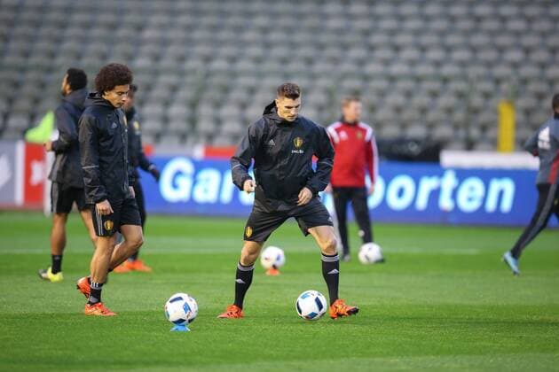 - BRUSSELS, BELGIUM: Belgium s Axel Witsel and Belgium s Thomas Meunier pictured during a training session of the Red Devils, the Belgian national soccer team, Monday 16 November 2015, in Brussels. Tomorrow the Devils are playing Spain in preparation of the Euro2016 European Championships. BRUNOxFAHY  x04741311x