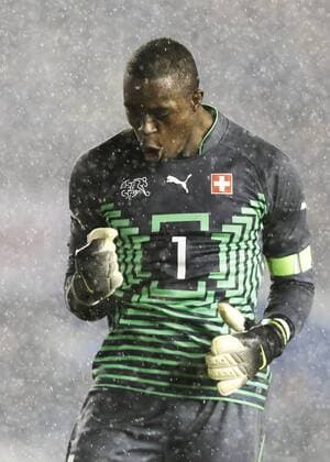 16.11.2015. Amex Stadium, Brighton, England. Euro U21 U 21 Championship Qualifying. England U21 versus Switzerland U21. Swiss Goalkeeper Yvon Nganoma celebrates going 1-0 ahead xMarkxKertonx  ActionPlus11682209
