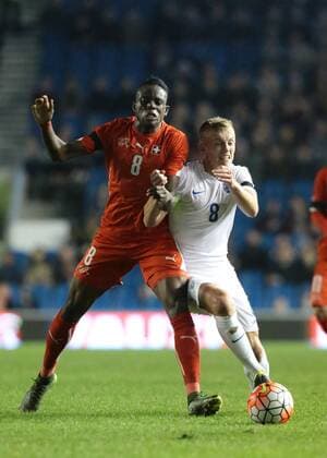 16.11.2015. Amex Stadium, Brighton, England. Euro U21 U 21 Championship Qualifying. England U21 versus Switzerland U21. James Ward-Prowse of England battles with Lemi Zakaria of Switzerland xMarkxKertonx  ActionPlus11682210