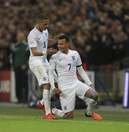 17.11.2015. Wembley Stadium, London, England. International football friendly, England versus France.England s Dele Alli celebrates his goal which made it 1-0. Also shown England s Kieran Gibbs. xNigelxCookex  ActionPlus11682472