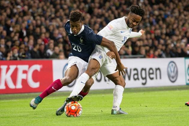 France?s Kingsley Coman and England s Raheem Sterling - Breast Cancer Care International - England v France - Wembley Stadium - London - England - 17th November 2015 - Picture Charlie Forgham Bailey Sportimage EDITORIAL USE ONLY. No use with unauthorised audio, video, data, fixture lists, club league logos or live services. Online in-match use limited to 120 images, no video emulation. No use in betting, games or single club league player publications.