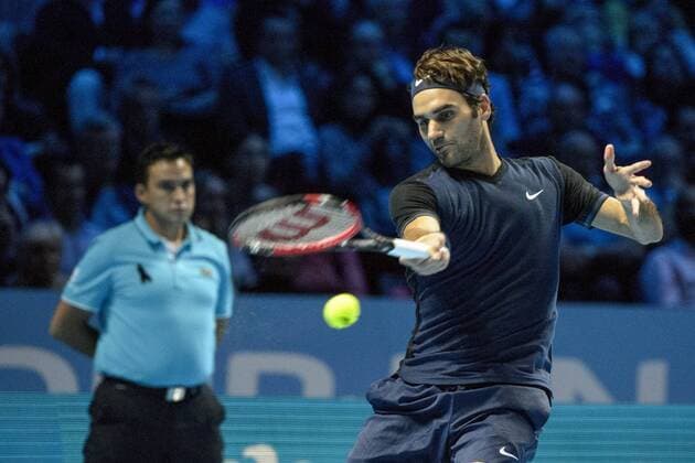 17.11.2015. The O2, London, England. ATP Tennis Herren Tennis Tour Finals. Day 3. Roger Federer (SUI) 3 in action during his match with Novak Djokovic (SRB) 1 . Federer won the match in straight sets, 7-5, 6-2. xStephenxBartholomewx  ActionPlus11682570