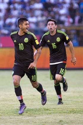 SAN PEDRO SULA, Nov. 17, 2015 -- Mexico s Jesus Corona (L) celebrates with teammate Hector Herrera after scoring during a Group A football match in round 4 of the 2018 FIFA World Cup WM Weltmeisterschaft Fussball qualification preliminaries against Honduras in San Pedro Sula, Honduras, Nov. 17, 2015. Mexico won the game 2-0. ) (jp) (sp) (SP)HONDURAS-SAN PEDRO SULA-SOCCER-HONDURAS VS MEXICO RAFAELxOCHOA 