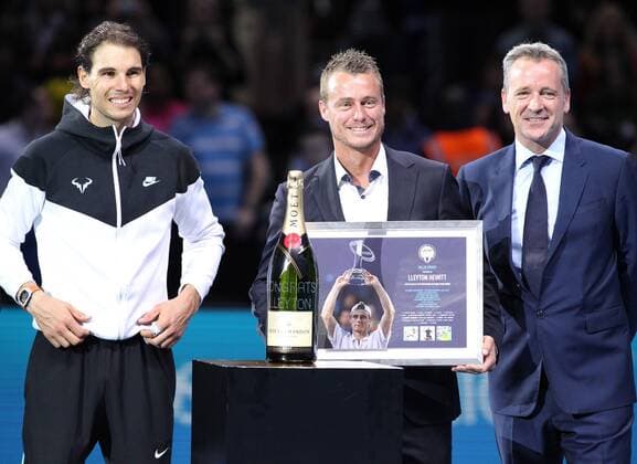 TENNIS - ATP Tennis Herren World Tour Finals 2015 LONDON,ENGLAND,18.NOV.15 - TENNIS - ATP World Tour, World Tour Finals 2015. Image shows Rafael Nadal (ESP), Lleyton Hewitt (AUS) and Chris Kermode. GEPAxpictures xAlanxGrieves
