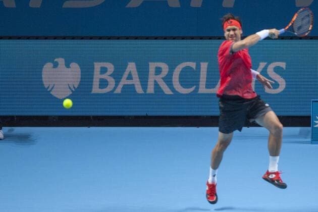 18.11.2015. The O2, London, England. ATP Tennis Herren Tennis Tour Finals. Day 4. David Ferrer (ESP) 7 in action in his match against Stan Wawrinka (SUI) 4 . xStephenxBartholomewx  ActionPlus11682771