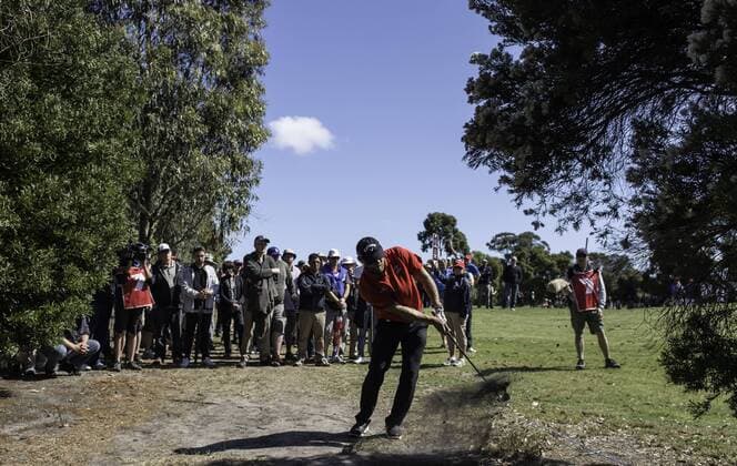 Nov. 21, 2015 - Melbourne, Victoria, Australia - Matthew Guyatt of Australia plays a shot out of the rough on the thirteenth fairway during day 3 of the 2015 Australian Masters at Huntingdale Golf Club in Melbourne, Australia. Golf 2015 - Australian Masters Day 3 - ZUMAk106