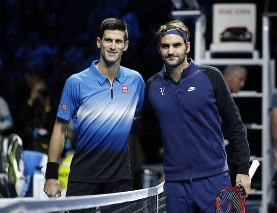 22.11.2015 the O2 London, England. ATP Tennis Herren Tour Finals Day 8. Novak Djokovic (SRB) lines up with Roger Federer (SUI) in his men s singles. Djokovic won the Final match by a score of 6-3, 6-4 during Day Eight Barclays ATP World Tour Finals from the O2 Arena xHongboxChenx  ActionPlus11683865