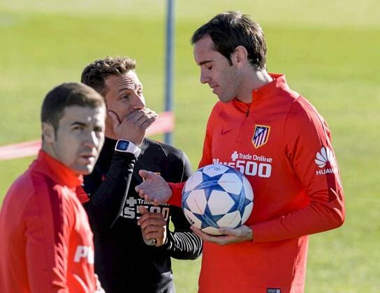 UEFA Champions League 2015 2016 - Atletico Madrid training session. In this picture, Godin and Gabi. xDIEGOxGxSOUTOx 