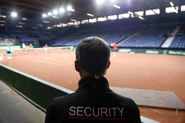 - GENT, BELGIUM: Security pictured during a training practice ahead of the Davis Cup World Group final between Belgium and Great Britain, Tuesday 24 November 2015, at Flanders Expo in Gent. The final will be played from 27 to 29 November 2015 in Gent Flanders Expo. DIRKxWAEM  x04745024x