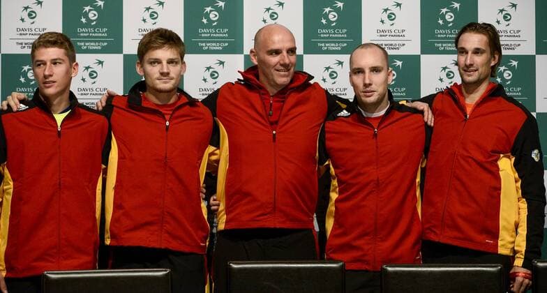 Tennis, Davis Cup Finale in Belgien - PK Belgien - GENT, BELGIUM: L-R, Belgian Kimmer Coppejans, Belgian David Goffin, Davis Cup captain Johan Van Herck, Belgian Steve Darcis and Belgian Ruben Bemelmans pictured during a press conference PK Pressekonferenz ahead of the Davis Cup World Group final between Belgium and Great Britain, Tuesday 24 November 2015, at Flanders Expo in Gent. The final will be played from 27 to 29 November 2015 in Gent Flanders Expo. DIRKxWAEM  x04745345x