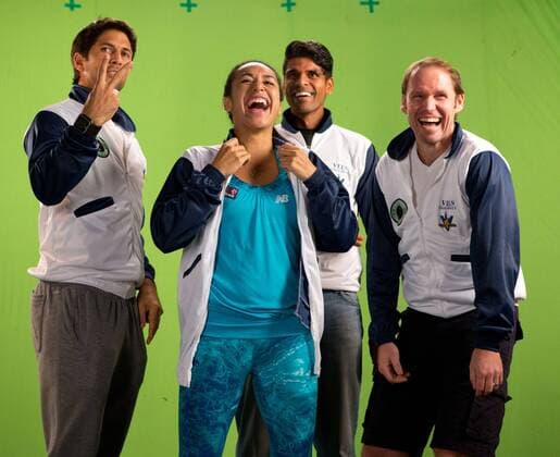 Champions Tennis League 2015, Chennai, L-R Fernando Verdasco , Heather Watson, Vishnu Vardhan und Rainer Schuettler tanzen im Studio fuer ein Promo Video, Tennis - Champions Tennis League 2015 - - - Chennai - Tamil Nadu - India.