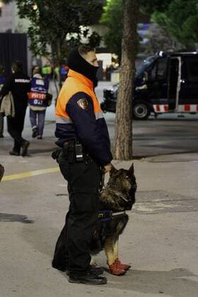 FuÃŸball, Champions League, Sicherheitsvorkehrungen in Barcelona 24.11.2015. Nou Camp, Barcelona, Spain. Champions League. Barcelona versus AS Roma. Armed Police with a police dog for expolosive and other safety xAngelxBoludax  ActionPlus11684061