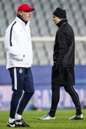 Fußball, Champions League, Paris St. Germain Training 151124 PSG:s tränare Laurent Blanc och Zlatan Ibrahimovic under en träning inför fotbollsmatchen i Champions League den 24 november 2015 i Malmö.  Copyright: PETTERxARVIDSON BB151124PA143