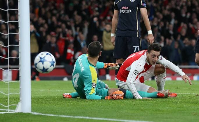Fußball, Champions League, FC Arsenal - Dinamo Zagreb Arsenal s Mesut Ozil celebrates scoring his sides opening goal UEFA Champions League- Arsenal v Dinamo Zagreb - Emirates Stadium - England - 24th November 2015 - Picture David Klein Sportimage EDITORIAL USE ONLY. No use with unauthorised audio, video, data, fixture lists, club league logos or live services. Online in-match use limited to 120 images, no video emulation. No use in betting, games or single club league player publications.