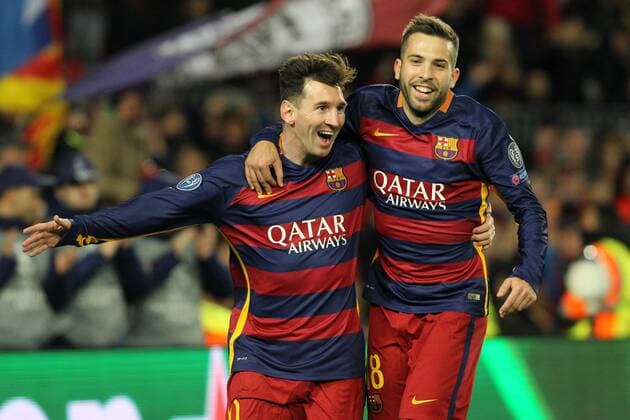 Fußball, Champions League, FC Barcelona - AS Rom 2-0 di Lionel Messi Barcelona con Jordi Alba Barcelona Goal Celebration Lionel Messi Barcelona - Barcelona, 24.11.2015 - Fussball - UEFA Champions League 2015 2016 - FC Barcelona vs AS Roma - lucaxpagliaricci