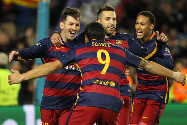 Fußball, Champions League, FC Barcelona - AS Rom 2-0 di Lionel Messi Barcelona con Jordi Alba, Luis Suarez, Neymar Barcelona Goal Celebration Lionel Messi Barcelona - Barcelona, 24.11.2015 - Fussball - UEFA Champions League 2015 2016 - FC Barcelona vs AS Roma - lucaxpagliaricci
