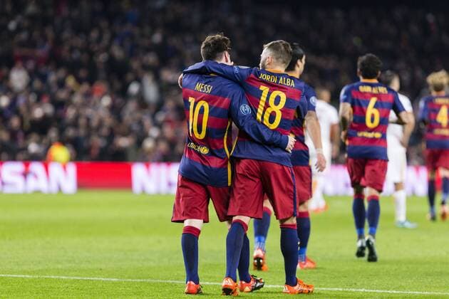 Fußball, Champions League, FC Barcelona - AS Rom SPAIN - 24th Nov: Lionel Messi with his teammates of FC Barcelona Barca celebrates after scoring the goal during the match between FC Barcelona - AS Roma, for the round 5 of the Champions League, played at Camp Nou Stadium on 24th Nov 2015 in Barcelona, Spain. (Credit: Mikel Trigueros Urbanandsport Cordon Press) 