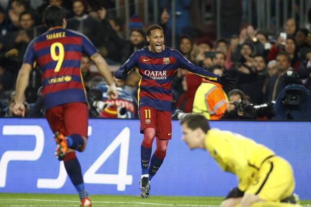 Barcelona, Spain - Neymar da Silva Santos of Barcelona celebrates his goal during the UEFA Champions League match between FC Barcelona Barca and AS Roma, at Camp Nou Stadium in Barcelona on November 24, 2015. Champions, Barcelona v Roma  - ZUMAn230