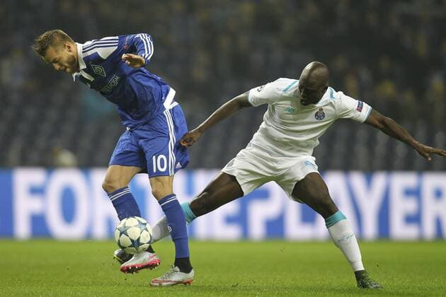 Nov. 24, 2015 - Porto, Portugal - Dynamo Kiev s forward Andriy Yarmolenko (L) vies with Porto s Portuguese midfielder Danilo Pereira (R) during the UEFA Champions League match between FC Porto and FC Dynamo Kyiv, at Dragao Stadium in Porto on November 24, 2015. UEFA Champions League match between FC Porto and FC Dynamo Kyiv  - ZUMAn230