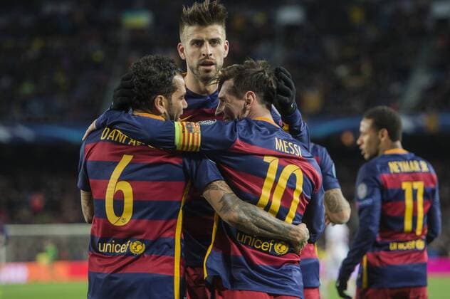 (L-R) Daniel Alves da Silva of FC Barcelona Barca Gerard Pique Bernabéu of FC Barcelona, Lionel Andres Messi of FC Barcelona, Neymar da Silva Santos Junior of FC Barcelona Barcelona v AS Roma Topvoetbal 2015 2016 xVIxGerritxvanxKeulenxIVx 4623900