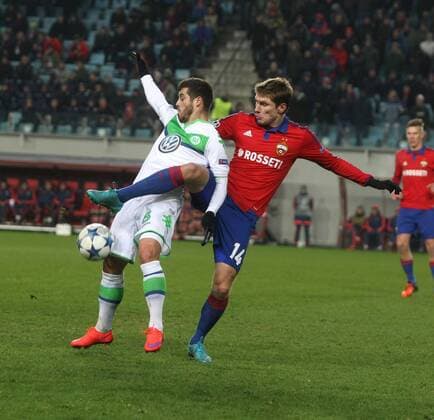 Russia. Moscow region. Khimki. 25 november 2015. Football stadium Arena Khimki . UEFA CHAMPIONS LEAGUE. Playing: Group stage. PFC CSKA Moscow vs VfL Wolfsburg (Germany). 8.Vieirinha (Wolfsburg) vs 14. Nababkin Kirill. 