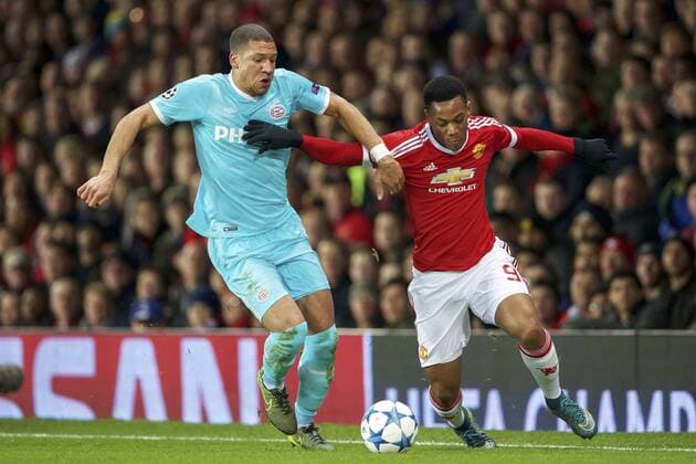 (L-R) Jeffrey Bruma of PSV, Anthony Martial of Manchester United ManU during the UEFA Champions League group B match between Manchester United and PSV Eindhoven on November 25, 2015 at Old Trafford in Manchester, England Manchester United v PSV Eindhoven Champions Laegue 2015 2016 xVIxxIVx 4625262