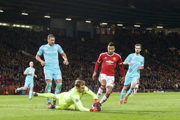 (L-R) Jeffrey Bruma of PSV, goalkeeper Jeroen Zoet of PSV, Anthony Martial of Manchester United ManU Davy Propper of PSV during the UEFA Champions League group B match between Manchester United and PSV Eindhoven on November 25, 2015 at Old Trafford in Manchester, England Manchester United v PSV Eindhoven Champions Laegue 2015 2016 xVIxxIVx 4625264