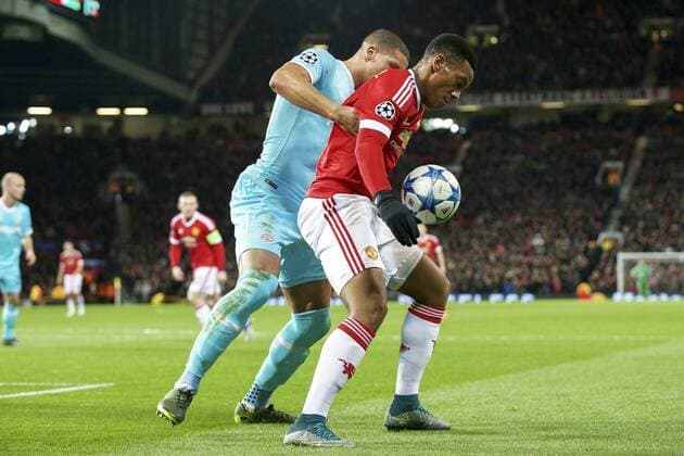 (L-R) Jeffrey Bruma of PSV, Anthony Martial of Manchester United ManU during the UEFA Champions League group B match between Manchester United and PSV Eindhoven on November 25, 2015 at Old Trafford in Manchester, England Manchester United v PSV Eindhoven Champions Laegue 2015 2016 xVIxxIVx 4625265