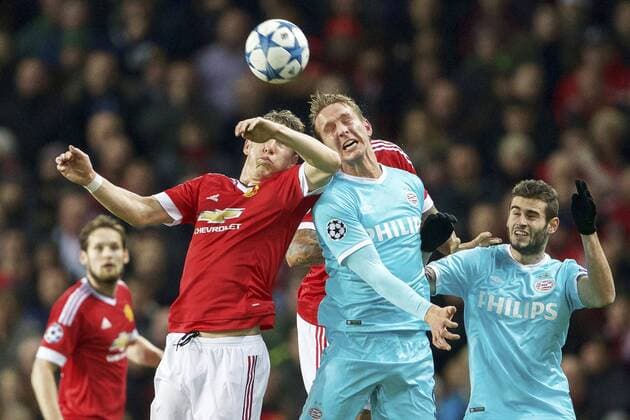 (L-R) Bastian Schweinsteiger of Manchester United ManU Luuk de Jong of PSV, Gaston Pereiro of PSV during the UEFA Champions League group B match between Manchester United and PSV Eindhoven on November 25, 2015 at Old Trafford in Manchester, England Manchester United v PSV Eindhoven Champions Laegue 2015 2016 xVIxxIVx 4625267
