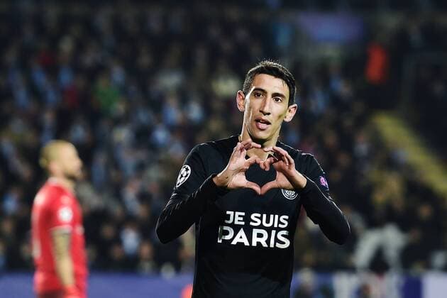 Fußball, Champions League, Paris St. Germain Spieler mit Je suis Paris Schriftzug auf den Trikots in Malmö Fußball, Champions League, Malmö FF - Paris St. Germain Angel Di Maria - Malmö, Schweden - Champions League, Malmö FF vs. Paris Saint Germain PSG.  Copyright: DANIELxSTILLER BB151125DS028