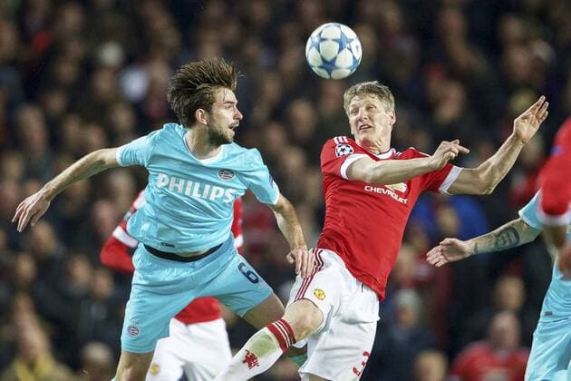 (L-R) Davy Propper of PSV, Bastian Schweinsteiger of Manchester United ManU during the UEFA Champions League group B match between Manchester United and PSV Eindhoven on November 25, 2015 at Old Trafford in Manchester, England Manchester United v PSV Eindhoven Champions Laegue 2015 2016 xVIxxIVx 4625445