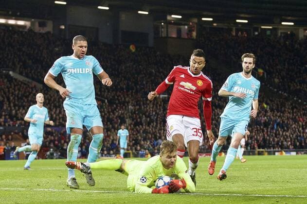 (L-R) Jeffrey Bruma of PSV, goalkeeper Jeroen Zoet of PSV, Anthony Martial of Manchester United ManU Davy Propper of PSV during the UEFA Champions League group B match between Manchester United and PSV Eindhoven on November 25, 2015 at Old Trafford in Manchester, England Manchester United v PSV Eindhoven Champions Laegue 2015 2016 xVIxxIVx 4625494
