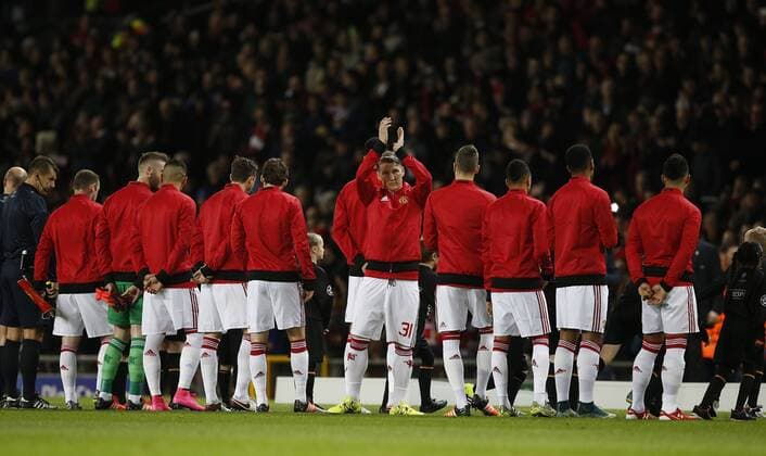 Bastian Schweinsteiger of Manchester United ManU turns to applaud the fans while in a line up - UEFA Champions League Group B - Manchester Utd vs PSV Eindhoven - Old Trafford Stadium - Manchester - England - 25th November 2015 - Pic Simon Bellis Sportimage EDITORIAL USE ONLY. No use with unauthorised audio, video, data, fixture lists, club league logos or live services. Online in-match use limited to 120 images, no video emulation. No use in betting, games or single club league player publications.