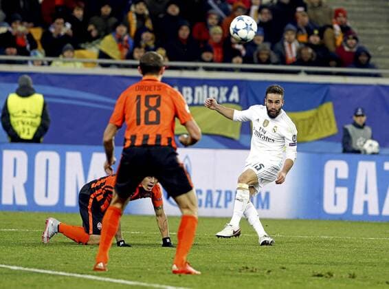 Champions League match between Shakhtar Donetsk and Real Madrid. In this picture, Dani Carvajal scores his goal. xFOTOxCHEMAxREYx 