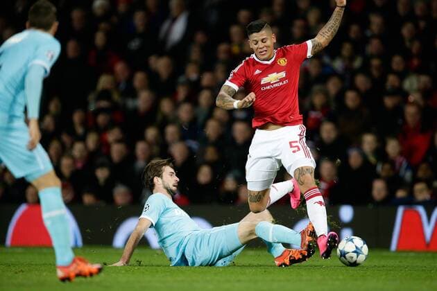(L-R) Davy Propper of PSV, Marcos Rojo of Manchester United ManU during the UEFA Champions League group B match between Manchester United and PSV Eindhoven on November 25, 2015 at Old Trafford in Manchester, England Manchester United v PSV Eindhoven Champions Laegue 2015 2016 xVIxVIxIMAGESx xEricxVerhoevenxIVx 4625779