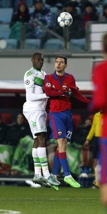 Russia. Moscow region. Khimki. 25 november 2015. Football stadium Arena Khimki . UEFA CHAMPIONS LEAGUE. Playing: Group stage. PFC CSKA Moscow vs VfL Wolfsburg (Germany). 23.Josuha Guilavogui (Wolfsburg) vs 23. MILANOV Georgi (CSKA) 