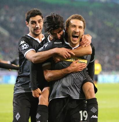 Champions-League: Borussia Mönchengladbach---FC Sevilla 5.Spieltag Jubel bei Borussia : Lars Stindl, Fabian Johnson und M. Dahoud. Champions-League: Borussia Mönchengladbach---FC Sevilla 5.Spieltag
