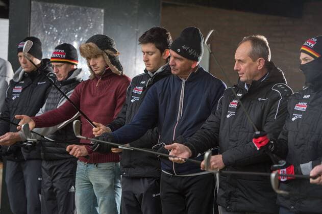 Herman Frison, Marc Sergant en Tim Wellens - Golf CYCLISME : Equipe Lotto Soudal - 25 11 2015 PhotoNews Panoramic 