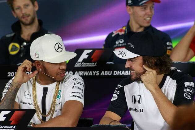 Abu Dhabi Grand Prix, UAE 26 - 29 November 2015 26.11.2015 - press conference PK Pressekonferenz Lewis Hamilton (GBR) Mercedes AMG F1 W06 and Fernando Alonso (ESP) McLaren Honda MP4-30 