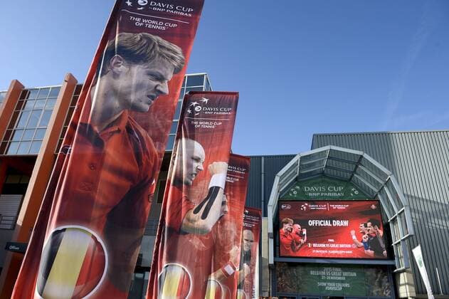- GENT, BELGIUM: Illustration shwows the entrance of Flanders expo with tennis pictures in marge of the drawing of the games ahead of the Davis Cup World Group final between Belgium and Great Britain, Thursday 26 November 2015, at Flanders Expo in Gent. The final will be played from 27 to 29 November 2015 in Gent Flanders Expo. DIRKxWAEM  x04746394x