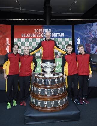 Kimmel Coppejans David Goffin Johan Van Herck captain Steve Darcis and Ruben Bemelmans of Belgium Davis Cup team pictured TENNIS : Presentation Finale Coupe Davis - Grande Bretagne vs Belgique - Gand - 26 11 2015 PhotoNews Panoramic 