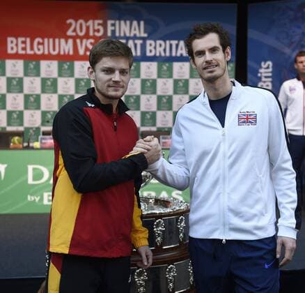 David Goffin of Belgium Davis Cup team and Andy Murray of GB team pictured TENNIS : Presentation Finale Coupe Davis - Grande Bretagne vs Belgique - Gand - 26 11 2015 PhotoNews Panoramic 