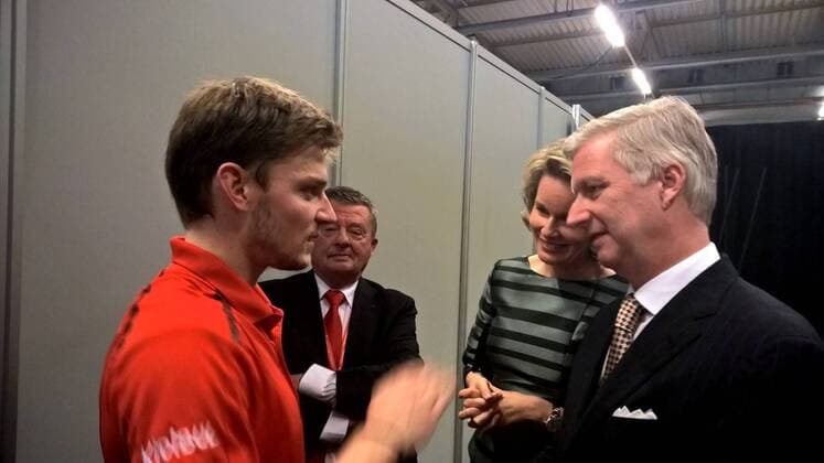 - GENT, BELGIUM: Belgian David Goffin (L) is congratulated by Queen Mathilde of Belgium (2R) and King Philippe - Filip of Belgium (R) after he won the first game between Belgian David Goffin and Britain Kyle Edmund in the Davis Cup World Group final between Belgium and Great Britain, Friday 27 November 2015, at Flanders Expo in Gent. KONINKLIJKxPALEISx-xPALAISxROYAL  x04747530x