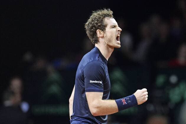 - GENT, BELGIUM: Britain s Andy Murray celebrates during the second game between Belgian Ruben Bemelmans and Britain Andy Murray in the Davis Cup World Group final between Belgium and Great Britain, Friday 27 November 2015, at Flanders Expo in Gent. DIRKxWAEM  x04747535x