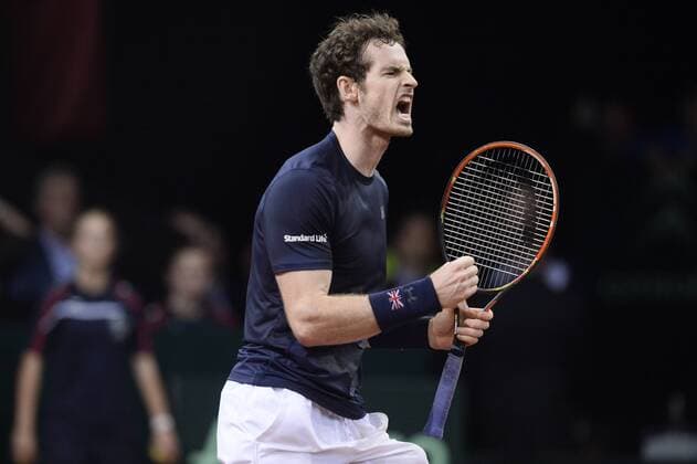 - GENT, BELGIUM: Britain s Andy Murray celebrates during the second game between Belgian Ruben Bemelmans and Britain Andy Murray in the Davis Cup World Group final between Belgium and Great Britain, Friday 27 November 2015, at Flanders Expo in Gent. DIRKxWAEM  x04747536x