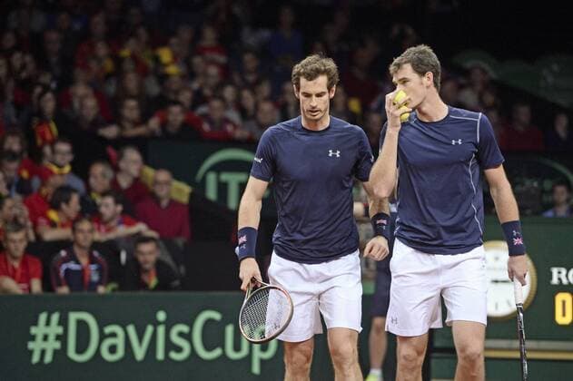 - GENT, BELGIUM: Britain s Andy Murray and Britain s Jamie Murray pictured at the third game in the Davis Cup tennis World Group final between Belgium and Great Britain, a doubles game of Belgians David Goffin and Steve Darcis versus Britain s Andy and Jamie Murray, Saturday 28 November 2015 at Flanders Expo in Gent. DIRKxWAEM  x04747850x